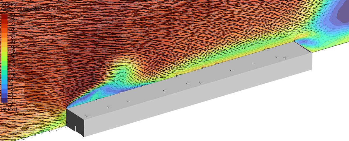 CFD velocity vectors on a vertical cross-section showing wind flow accelerating over the tall terminal building and separating above the warehouse roof